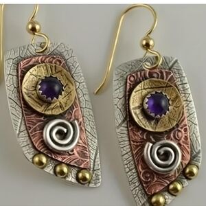 Abstract tricolor earrings purple stone swirl design Plated jewelry